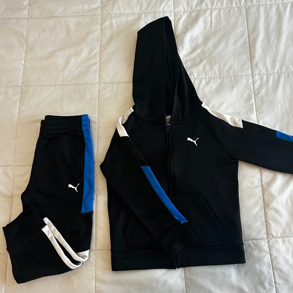Puma Boys 4T Tracksuit Black Blue Full Zip Hoodie & Joggers Fall Winter sports